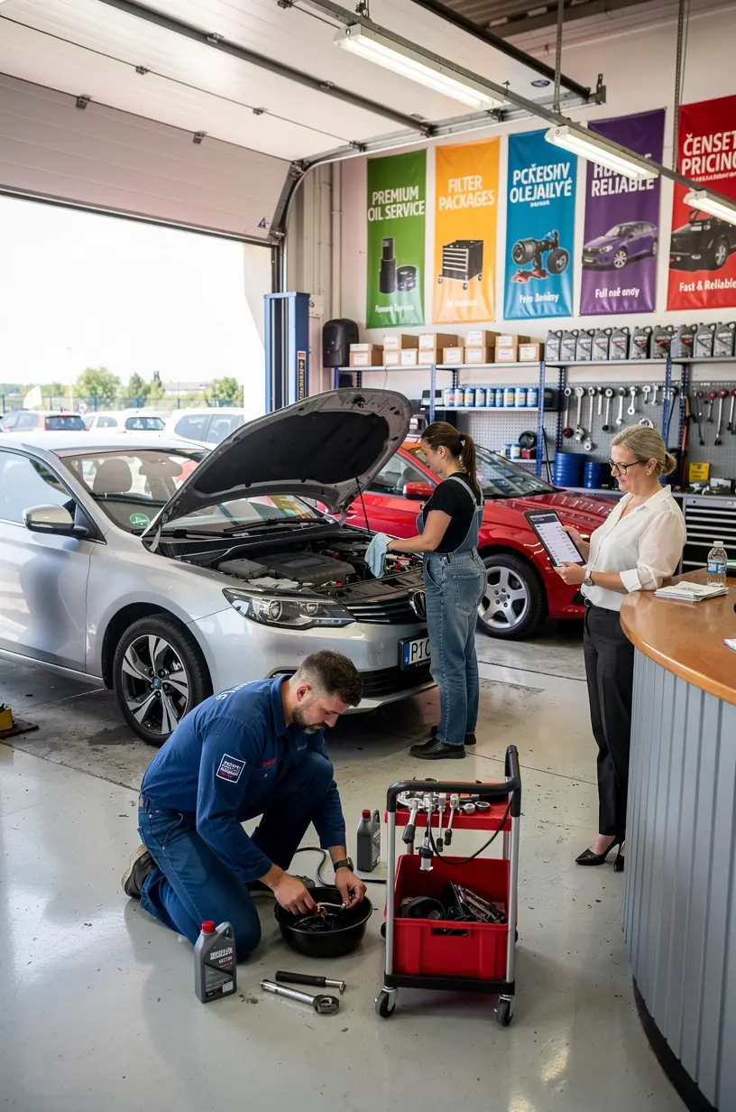 Mechanici diskutujú o oprave a údržbe vozidla na pozadí autoservisu.